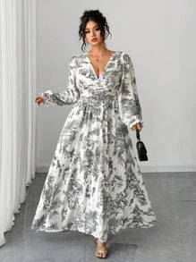 Elenzga Đầm Maxi dáng ôm dáng thanh lịch, duyên dáng, tối giản, cổ chữ V, tay dài, viền bèo, thắt lưng, dáng ôm, cỡ lớn, mùa xuân/thu dành cho nữ - Nhiều màu - Xem 4