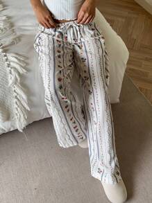 Aloruh 新款夏季休闲百搭松紧腰抽绳直筒阔腿条纹浪漫花卉印花裤，适合居家和外出 - 白色 - 查看 4