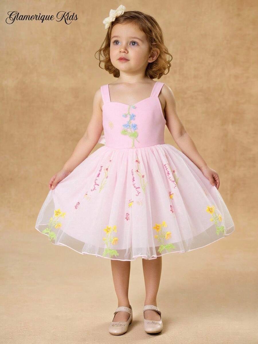 SHEIN Glamorique Kids 女婴无袖白色刺绣薄纱连衣裙，带蝴蝶结露背蓬松裙，适合生日派对、婚礼、节日、舞台表演、拍照、日常穿着 - 西瓜粉 - 查看 1