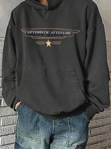 DAZY Men's Letter Graphic Hooded Sweatshirt, Autumn - Grey - View 4