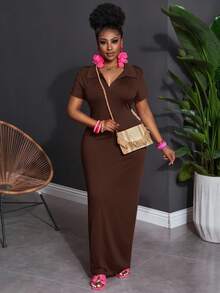 Slaydiva 女士大码休闲百搭夏季日常简约休闲修身高弹力Polo领短袖连衣裙棕色长款连衣裙巧克力棕色连衣裙棕色连衣裙长款棕色连衣裙棕色紧身连衣裙 - 棕色 - 查看 8