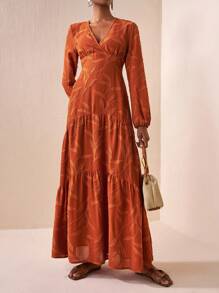 Zivah 2025 Fall Early Autumn New Arrival, Suitable For Birthday Party, Back To School, Campus Style, Daily Wear, Casual, Vacation, Cruise Travel, Beach, Sunbathing, Fashionable, Streetwear, Elegant, Commute, Business Casual V-Neck Long Lantern Sleeve, Waist Cinched A-Line, Multi-Layer Ruching, Extra-Wide A-Line, Brown Cutout Fabric, Early Autumn Extra-Long Dress, Women Maxi Dress - Brown - View 8