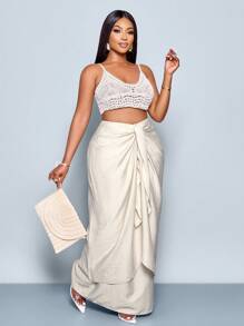 SOLERSUN 加大码女装 Faii 和冬季茧形裹身设计半裙杏色双层吊带半裙度假简约优雅古着风格端庄半裙约会购物 - 杏色 - 查看 6