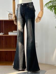 DAZY 女士破洞低腰修身弹力喇叭牛仔裤 低腰牛仔裤 - 深色水洗藍 - 查看 3