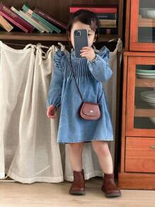 SHEIN Babygirl Spring And Autumn Baby Girl Long Sleeve Ruffle Collar Fashionable And Simple Lace Washed Denim Dress, Suitable For Daily Leisure Wear Such As Autumn Outings, Camping, Vacation, Etc. - Blue - View 5