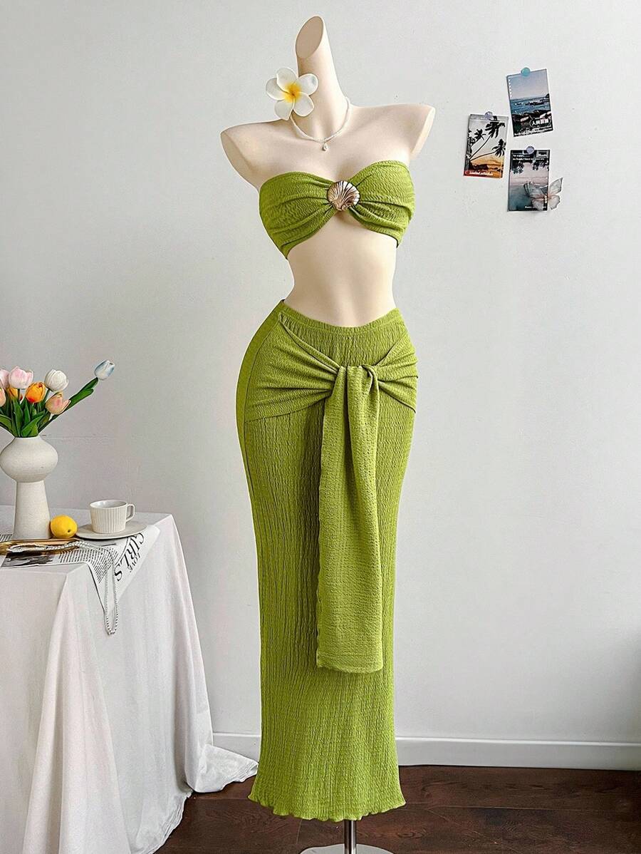 SHEIN WYWH 2 件套女士绿色针织纹理贝壳金属抹胸上衣和紧身长裙套装，适合海滩度假、约会、音乐节、波西米亚风格 - 綠色 - 查看 1