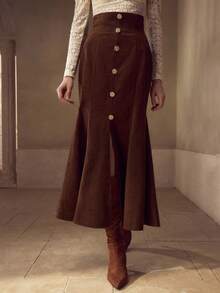 MOTF PREMIUM 灯芯绒金色纽扣细节美人鱼裙 - 棕色 - 查看 5