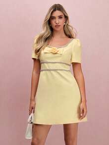 Enchnt Women's Pale Yellow Summer Elegant Tea Party Rose Bowknot Rhinestone Decor Short Sleeve Mini Dress,Sweet Princess Wedding Guest Birthday Outfits - Yellow - View 3