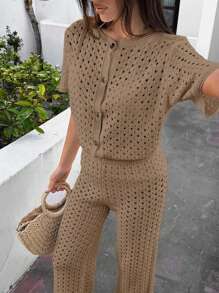 EURMUSE 2pcs/Set Summer Thin Knit Short Sleeve Top And Long Pants Coverup - Camel - View 3
