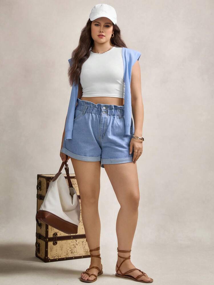 Plus Paperbag Waist Roll Up Hem Denim Shorts Back To School Back To School School Clothes Back To School Clothes  Homecoming Dress Teacher