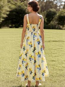 ÉTHER D'OR 女式撞色蕾丝花卉印花优雅长款吊带裙 - Butter Yellow - 查看 3