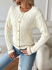 SHEIN Tall Women's 70s French Elegant Round Neck Knitted Cardigan,Blue And White Stripe,Autumn School Back-To-School Versatile Slim Fried Dough Twists Button, Tall Women - Apricot - View 7