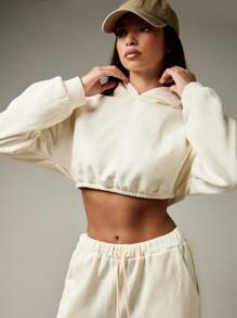 MISSGUIDED Bộ quần ống rộng áo hoodie lửng thanh lịch, hoàn hảo cho bữa ăn trưa cuối tuần, trang phục dạo phố thoải mái, ấm áp cho mùa thu đông xuân, phối hợp - Màu be - Xem 3