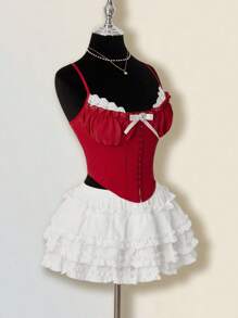 SHEIN ICON 女式鱼骨文胸上衣和褶皱荷叶边下摆裙两件套，性感唇彩蛋糕裙适合派对、生日、休闲装、秋冬季女装 - 紅白色 - 查看 9