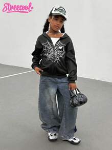 Tween Girls Spider Web & Heart Print Zip-Up Hoodie Sweatshirt - Black - View 3