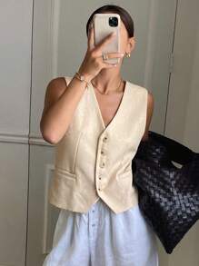 Livesso Áo khoác blazer vải lanh mùa hè không tay cổ chữ V ôm sát dành cho nữ, trang phục công sở mùa thu - trắng - Xem 1