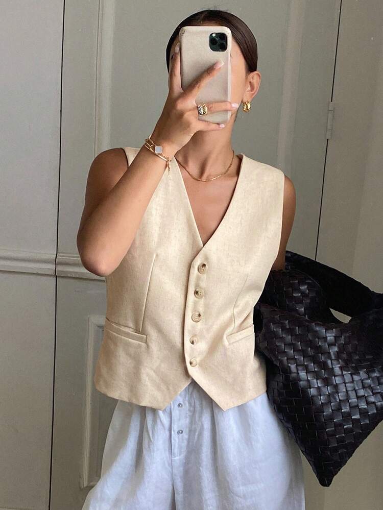 Solid Fitted V-Neck Sleeveless Leisure Summer Women Blazer Linen, Fall Clothes Business Attire