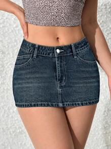 SHEIN PETITE 女式口袋装饰紧身短款休闲牛仔裙 - 藍色 - 查看 6