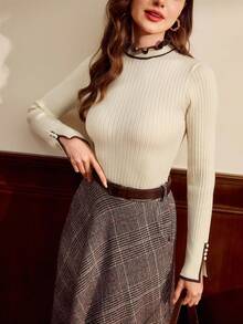 Vintamour 复古经典优雅女士毛衣，撞色荷叶边针织衫，杏色和咖啡色纽扣装饰套头衫，秋冬季，秋季节日女装 - 杏色 - 查看 6