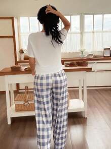 SHEIN 舒适多色针织女士睡衣套装，带格子长裤和圆领女士睡衣套装女士夏季睡衣格子睡衣套装两件套睡衣套装女士女士家居服套装 - 彩色 - 查看 2