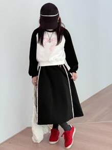 DAZY 女童针织羊毛圆领插肩袖卫衣+裙子两件套，时尚舒适，秋冬 - 黑與白 - 查看 1