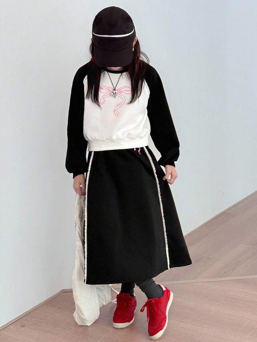 DAZY 女童针织羊毛圆领插肩袖卫衣+裙子两件套，时尚舒适，秋冬 - 黑與白 - 查看 1