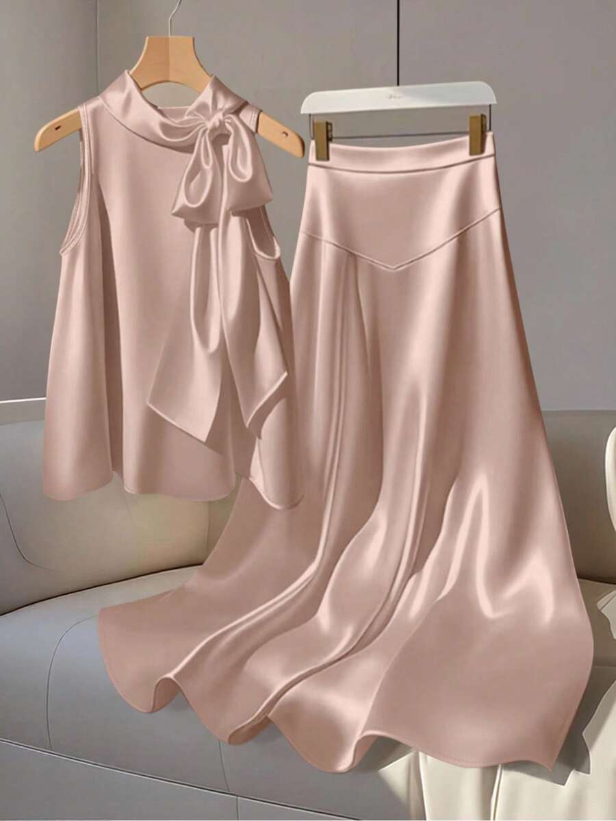 GlowEve 夏季优雅纯色系带吊带背心和半身裙两件套 - 卡其色 - 查看 1