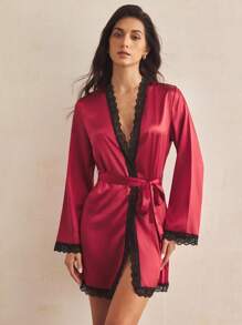 Charlaine 女士蕾丝拼接简约长袖休闲睡袍，Luxeloungewear品牌，秋冬款 - 紅色 - 查看 1