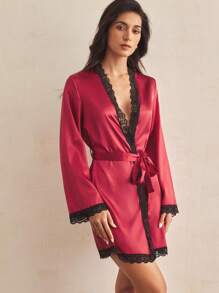 Charlaine 女士蕾丝拼接简约长袖休闲睡袍，Luxeloungewear品牌，秋冬款 - 紅色 - 查看 4