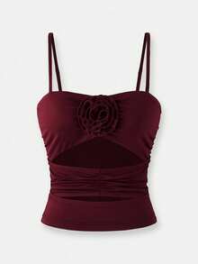 Maija Red Hollow Out Waist Fitted Women's Camisole With 3D Rose Flower Decor, Elegant Body-Flattering For Casual, Holiday, Party, Versatile, Spring/Summer