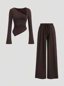 Sweetra Women's Coffee Color Asymmetrical Neck Long Sleeve Top & Minimalist Drawstring Waist Casual Pants, Summer Fall Cloth For Women - Coffee Brown - View 1