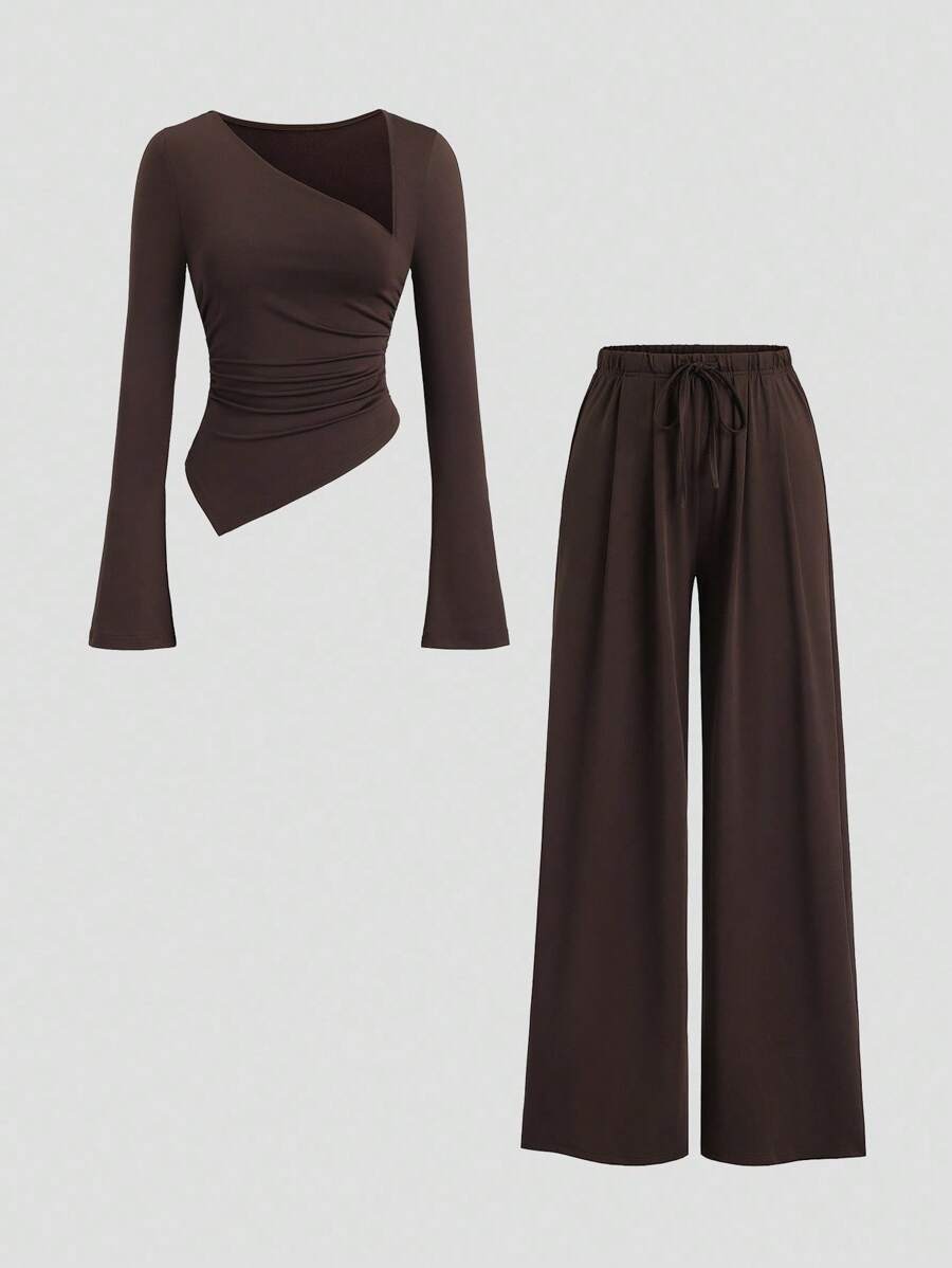 Sweetra Women's Coffee Color Asymmetrical Neck Long Sleeve Top & Minimalist Drawstring Waist Casual Pants, Summer Fall Cloth For Women - Coffee Brown - View 1
