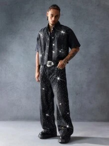 ROMWE MEN Street Life 男士水钻装饰单排扣牛仔衬衫 - 黑色 - 查看 6