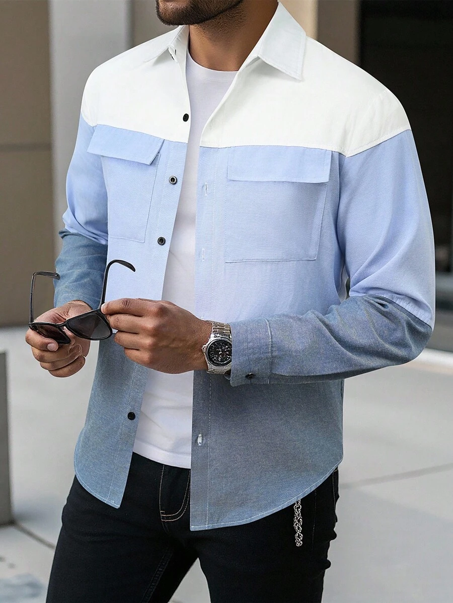 Manfinity Homme 男士拼色单排扣实用口袋长袖工作服男士时尚设计师款工作服,浅蓝白色工作服,秋季 - 彩色 - 查看 1