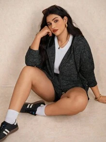 Elaquor Set de 2 piese, casual, versatil, vopsit în stil Tie-Dye, negru, pentru femei, mărime plus, jachetă cu hanorac și pantaloni scurți cu fermoar, toamnă - Negru - Vizualizare 6