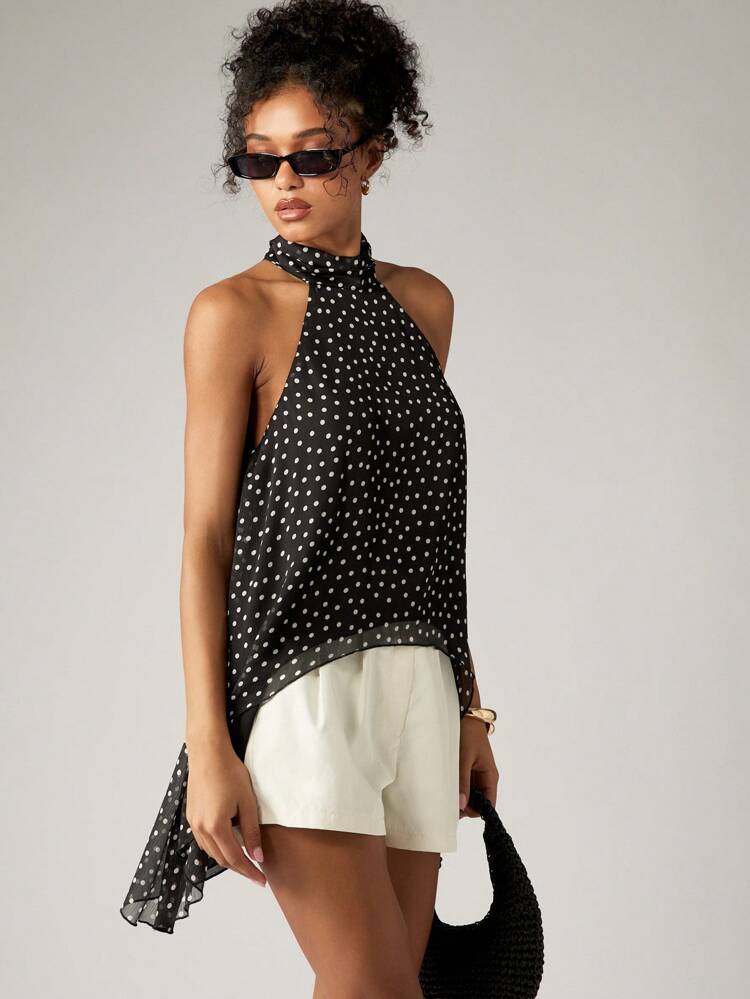 Polka Dot Halter Neck Top With High Low Hem