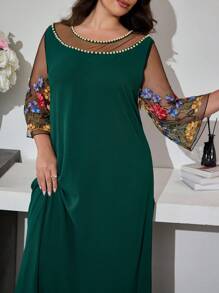 Al Najma Round Neck Puff Sleeve Colorful Embroidery Loose Hem Dress, Spring/Autumn - Dark Green - View 5