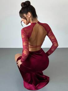 Firerie Women's Contrast Lace Long Sleeve Fitted Midi Dress With Side Slit And 3D Floral Decor, Elegant Wedding Guest Dress Women Bridal Shower Dress White  Elegant Modest - Burgundy - View 2