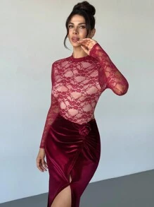 Firerie Women's Contrast Lace Long Sleeve Fitted Midi Dress With Side Slit And 3D Floral Decor, Elegant Wedding Guest Dress Women Bridal Shower Dress White  Elegant Modest - Burgundy - View 6
