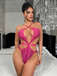 SHEIN 1 件女士蕾丝镂空吊带性感紧身衣，异国情调内衣紧身衣，外出