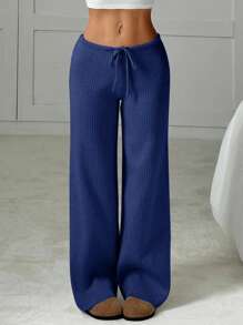 EURMUSE Women's Casual Solid Color Drawstring Waist Ribbed Knit Pants,Burgundy Trousers - Royal Blue - View 5