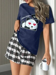 EURMUSE Bộ đồ ngủ mặc nhà tay ngắn họa tiết gấu trúc và khẩu hiệu bằng cotton - Màu xanh hải quân - Xem 6