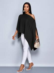 SOLERSUN 女士单肩披肩袖不对称下摆亚麻衬衫 - 黑色 - 查看 5