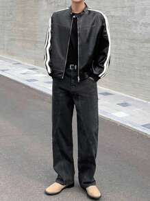 DAZY Men's Autumn Jacket And Coat With Decorative Lines, PU Fabric, Black