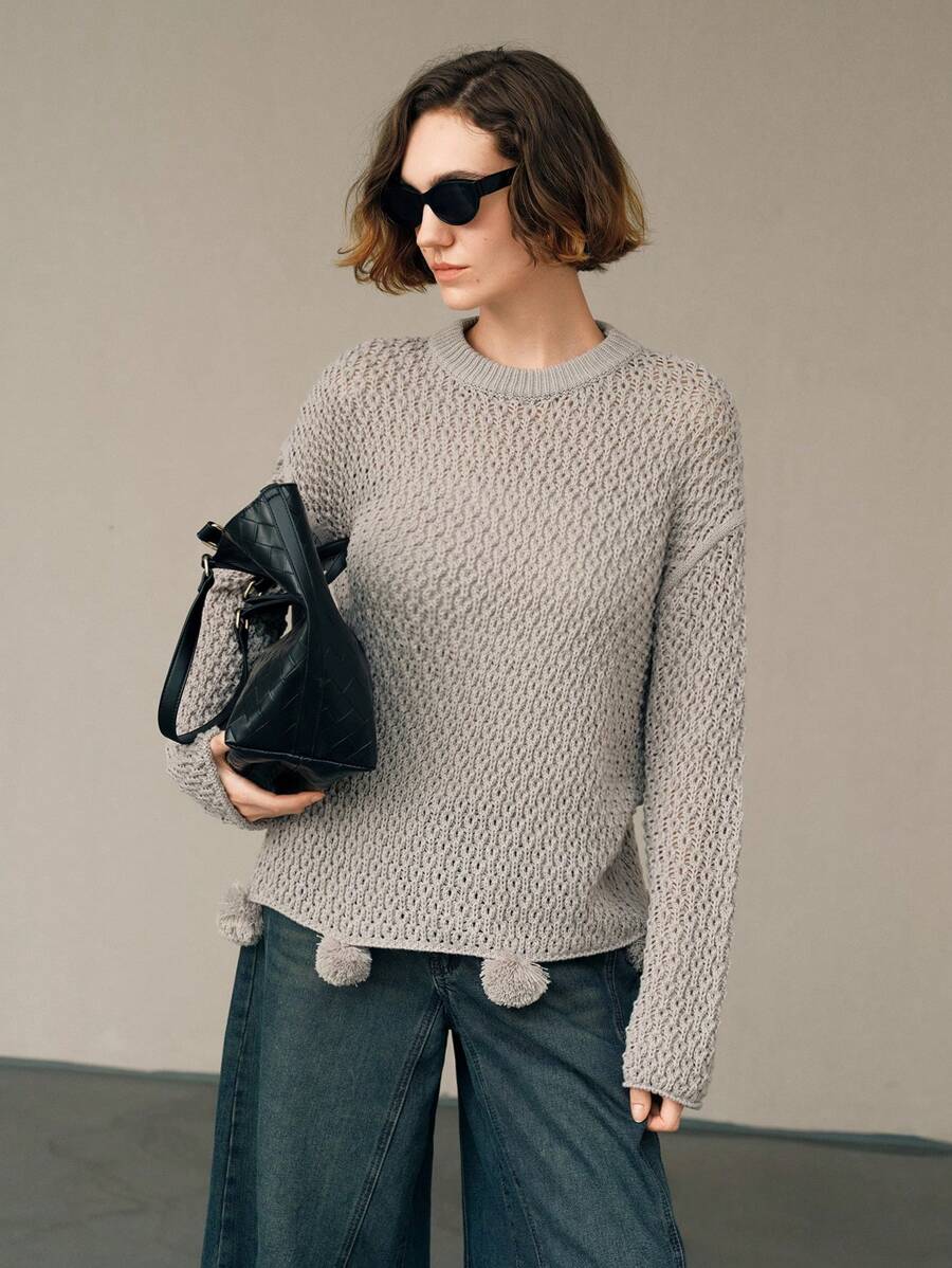 Uhlyne Fall Women Clothes Women's Solid Color Casual Vacation Beach Top, Elegant Round Neck Loose Hollow Out Fuzzy Knit Sweater Women Sweater For Women Women Jumper Women Pullover Knit Pullover Fall Winter - Grey - View 1