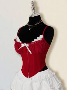 SHEIN ICON 女式鱼骨文胸上衣和褶皱荷叶边下摆裙两件套，性感唇彩蛋糕裙适合派对、生日、休闲装、秋冬季女装 - 紅白色 - 查看 6