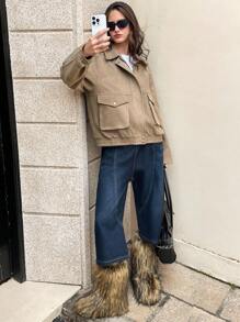 Aveloria Affinna 女式休闲绒面翻领拉链夹克，大口袋，百搭秋冬，高端款式，浅灰色和咖啡色 - 卡其色 - 查看 3