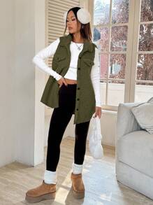 SHEIN EZwear Áo khoác vest Teddy một hàng khuy đơn giản, có vạt đơn màu trơn cho mùa thu/đông - Màu xanh Ô liu - Xem 4