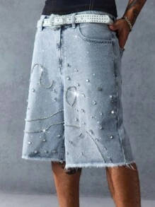 ROMWE MEN Street Life Pantaloni Capri din denim pentru bărbați, cu croială lejeră, cu buzunare în relief, stil uzat - Albastru - Vizualizare 6