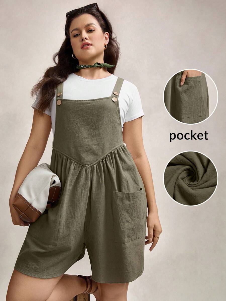 Zelara 加大码纯色连体衣，带两个口袋 - 軍綠色 - 查看 1